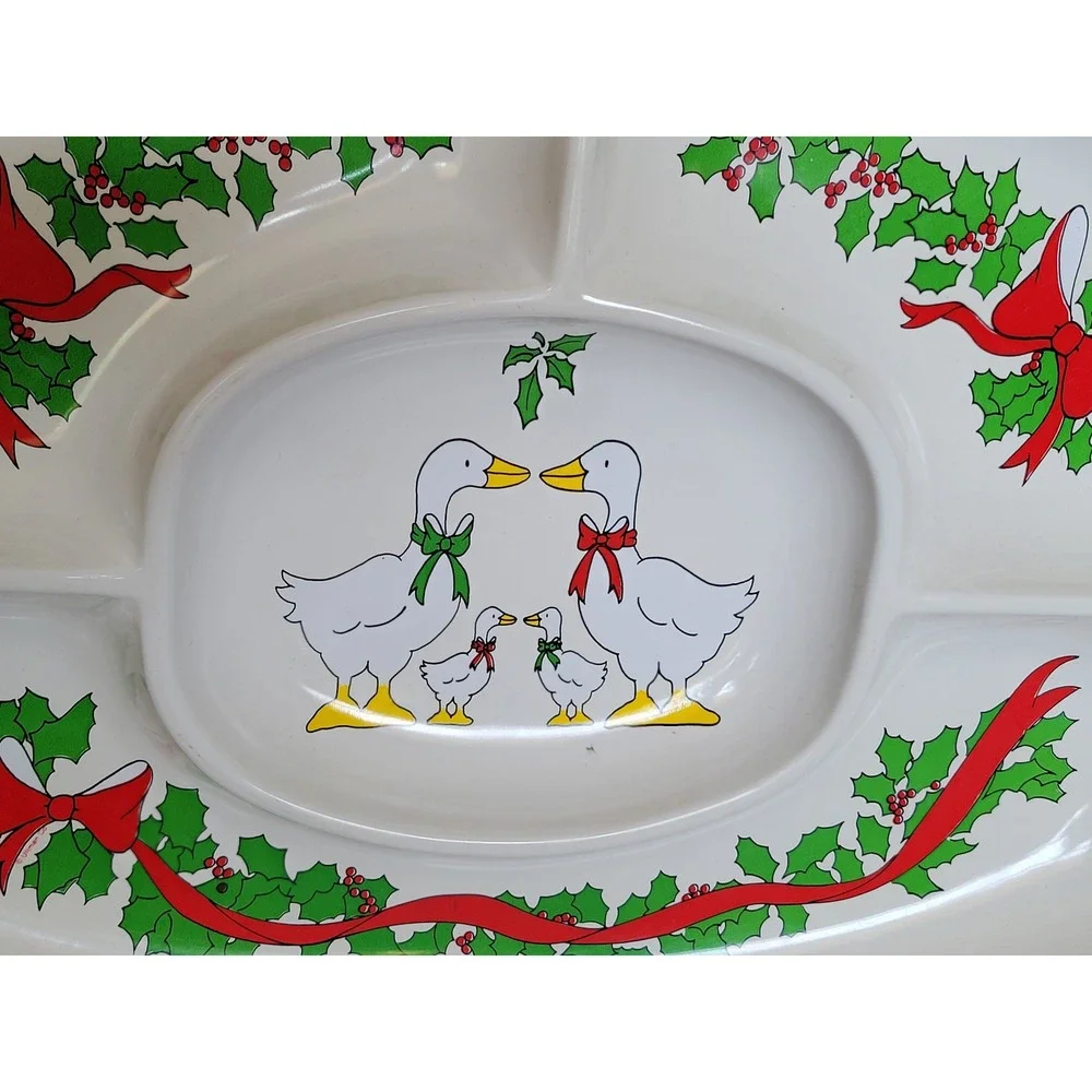 Vtg 1980s Christmas Country Geese Family Divided Serving Tray  Plastic Platter